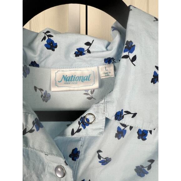 National Large Blue Floral Snap Front House Dress Coat Robe Lightweight Cotton - Picture 2 of 7